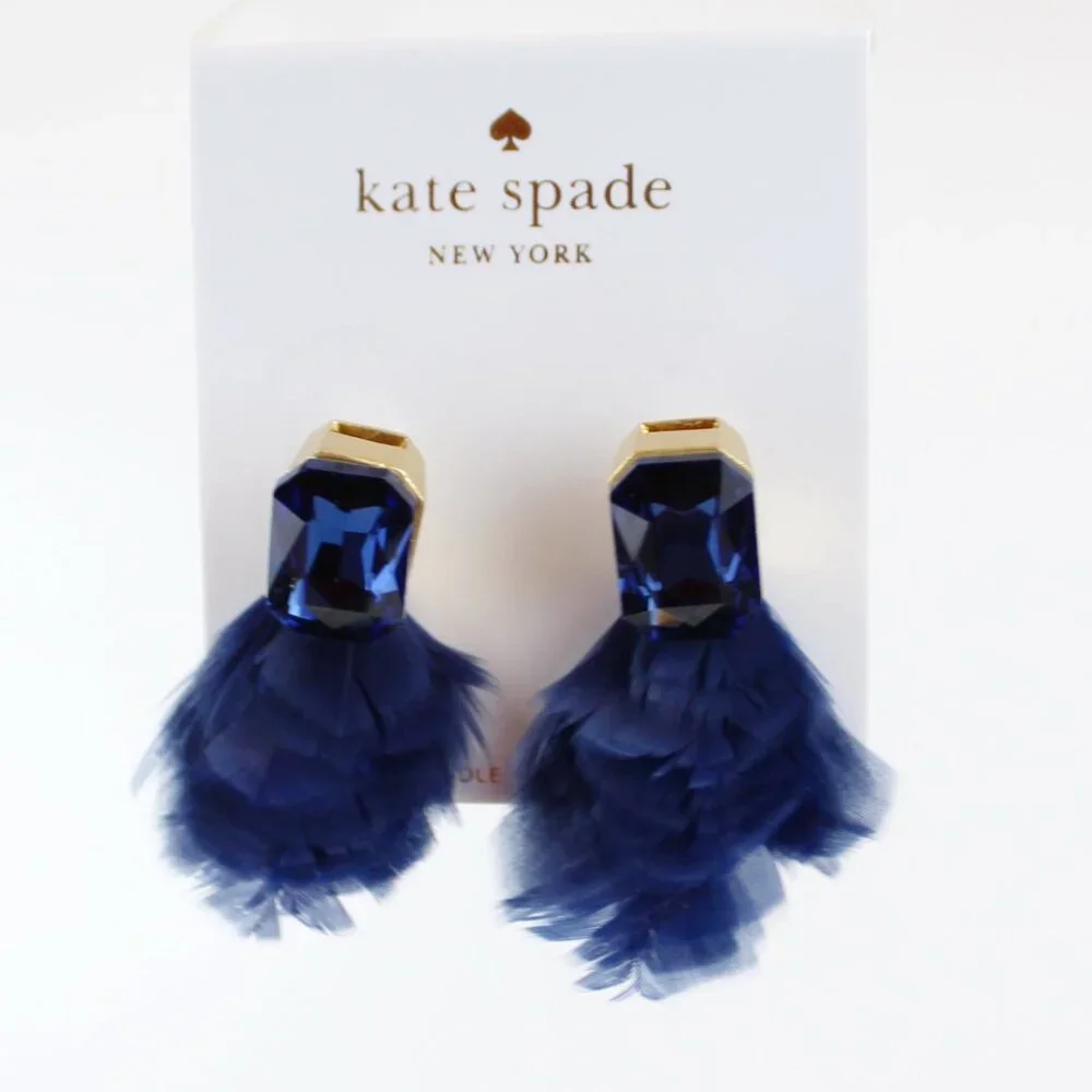 NWT kate Spade New York Feather Drop Earrings, Navy